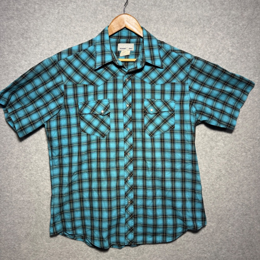 Wrangler Wrancher Mens Turquoise Plaid Pearl Snap Western Shirt L Short Sleeve